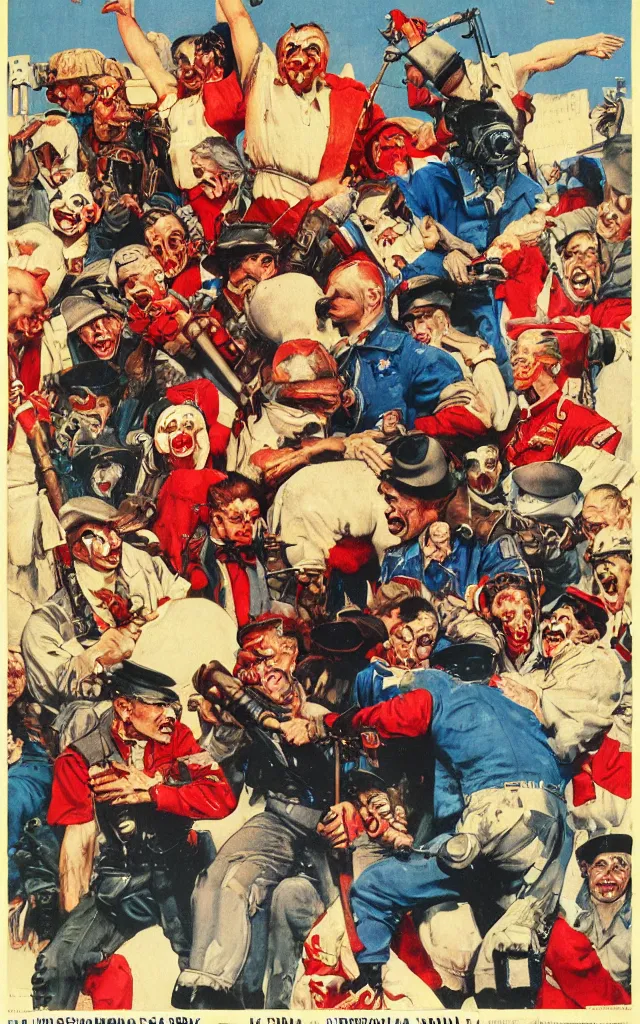 Image similar to clown fight, in the style of norman rockwell, cold war, propaganda poster, sci - fi illustrations, highly detailed, award - winning, patriotic, soviet, ussr, dark, gritty, ink