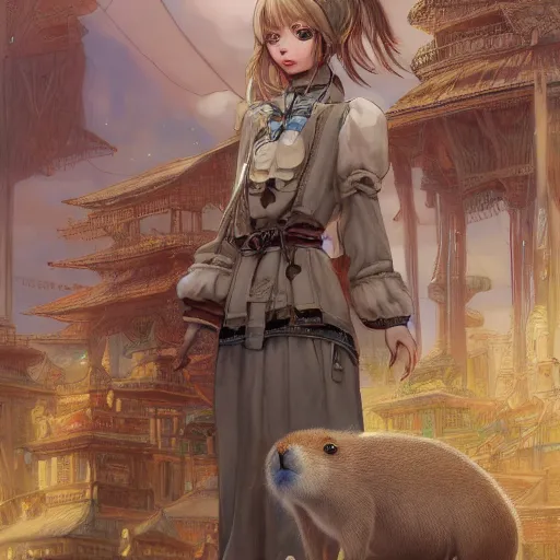 Prompt: character portrait of the capybara princess with gorgeous detailed eyes in the marketplace in the sky, color page, tankoban, 4 k, tone mapping, doll, akihiko yoshida, james jean andrei riabovitchev marc simonetti, yoshitaka amano, long hair, curly, greater capybara, giant cavy rodent, h. hydrochaeris