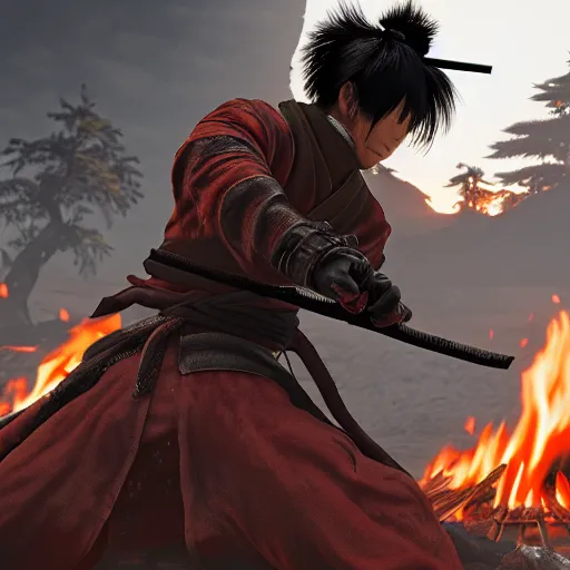 Prompt: japanese ninja boss inspired from sekiro shadows die twice near a camp fire, evening time, digital illustration, highly detailed art, 8k image quality, full body camera shot