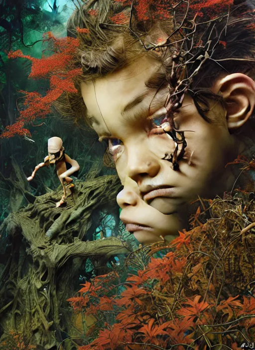 Prompt: realistic detailed image of a small figure of a boy wandering in the deep forest full of creatures and imps by Ayami Kojima, Amano, Karol Bak, Greg Hildebrandt, and Mark Brooks, Neo-Gothic, gothic, rich deep colors. Beksinski painting, part by Adrian Ghenie and Gerhard Richter. art by Takato Yamamoto. masterpiece