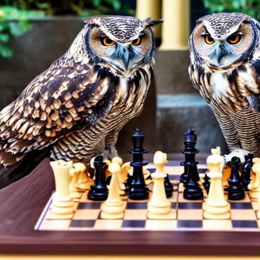 Prompt: two eagle owls play chess, 8K