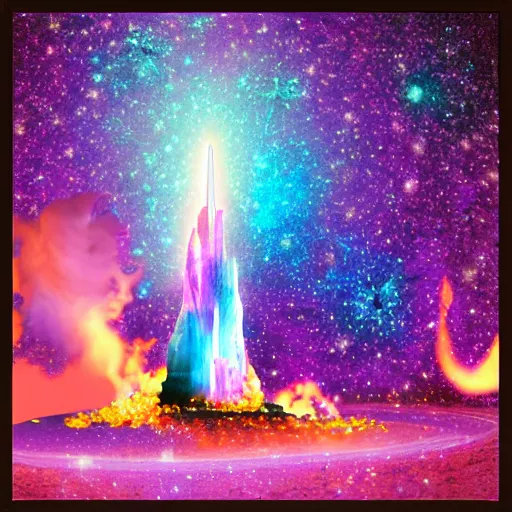 Prompt: purple crystal castle on fire with shooting stars of all colors