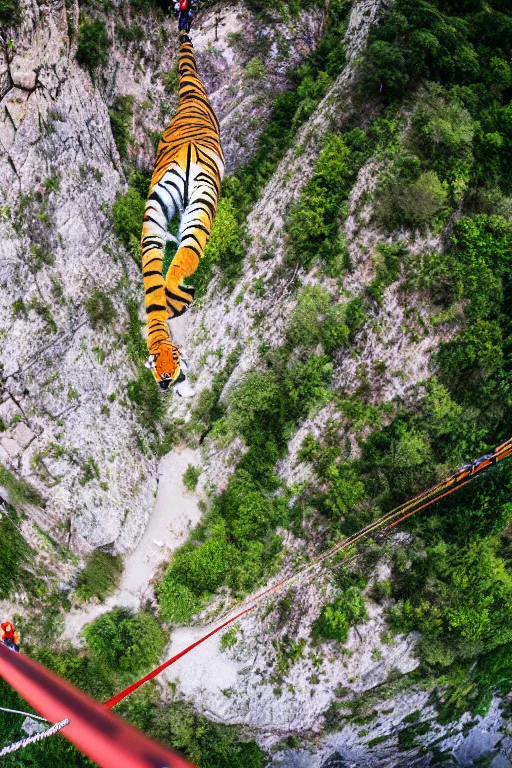 Prompt: bungee jump of a tiger suspended by a large parachute jumping from a mountain cliff, wide angles lens