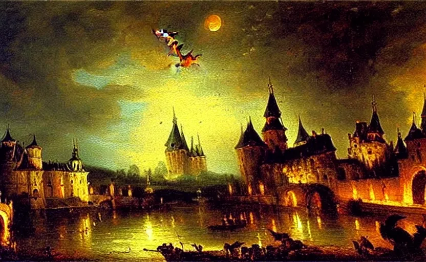 Prompt: oil painting by karl bryullov, french gothic burning! castle at night, bats flying away from castle, blur, bokeh