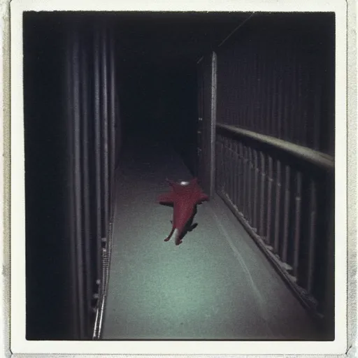 Image similar to a humanoid creature at the bottom of a dark stairwell, dark!, creepy!!!, unsettling, uncanny valley!, old polaroid, expired film,