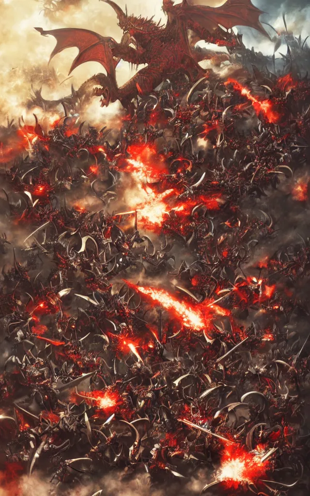 Prompt: warhammer battle scene versus scarlet nordic dragon movie poster by kekai kotaki