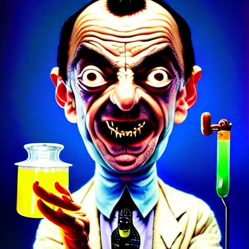 Image similar to mr. bean mad scientist psychopath making extremely silly faces, conjuring up mysterious colorful potions, glows, 3 point lighting, portrait by gaston bussierre and charles vess and james jean and erik jones and rhads, epic, funny, beautiful fine face features, intricate high details, sharp, ultradetailed