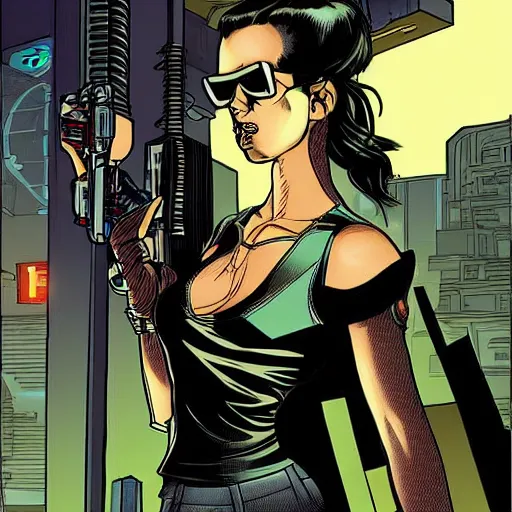 Image similar to cyberpunk military mafia woman with cybernetic arm, Rafael Albuquerque