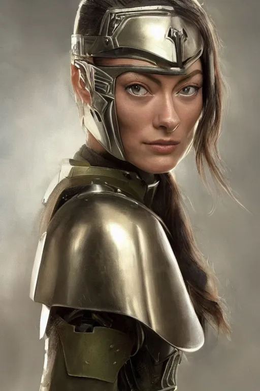 Image similar to a professional painting of a young Olivia Wilde, clothed in military armor, olive skin, long dark hair, beautiful bone structure, symmetrical facial features, intricate, elegant, digital painting, concept art, smooth, sharp focus, illustration, from Star Wars by Ruan Jia and Mandy Jurgens and Artgerm and William-Adolphe Bouguerea