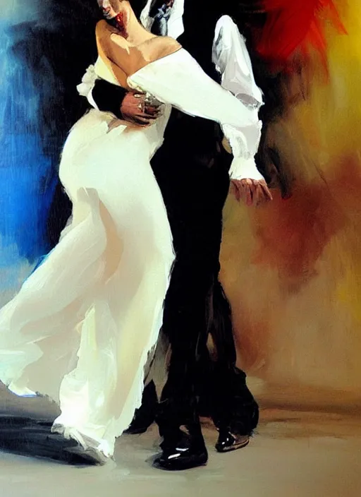 Image similar to tango dancerin in white dress, painting by phil hale, fransico goya,'action lines '!!!, graphic style, visible brushstrokes, motion blur, blurry, visible paint texture, crisp hd image