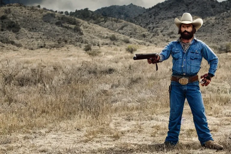 Prompt: film still of the main character brawny burly surly cowboy standing holding a pistol in the outdoor scene in an action movie posing for the camera 2 0 2 0, 4 k wild west