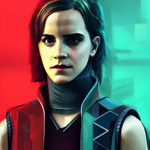 Image similar to cyberpunk emma watson as the leader of a futuristic communist nation, cybernetics, sharp lines, digital, artstation, colored in