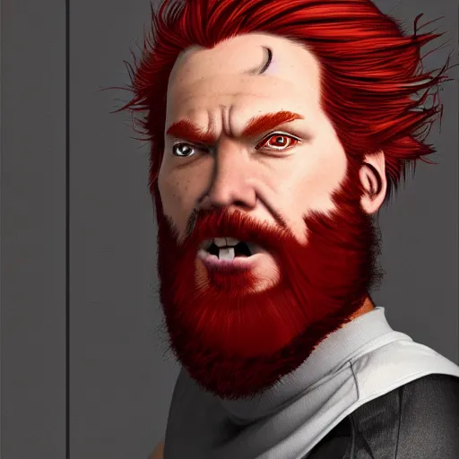 Image similar to red haired man with red beard, looking grumpy, wearing black coat, fire behind him, funny, fantasy artwork, fantastic artwork, 4 k, trending on artstation