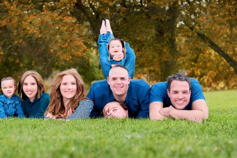 Image similar to A beautiful family portrait, but everyone's head is upside down or on backwards, photography, 85mm, photorealistic