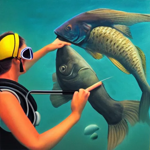 Prompt: a female diver having fun with the fish, hyperrealism