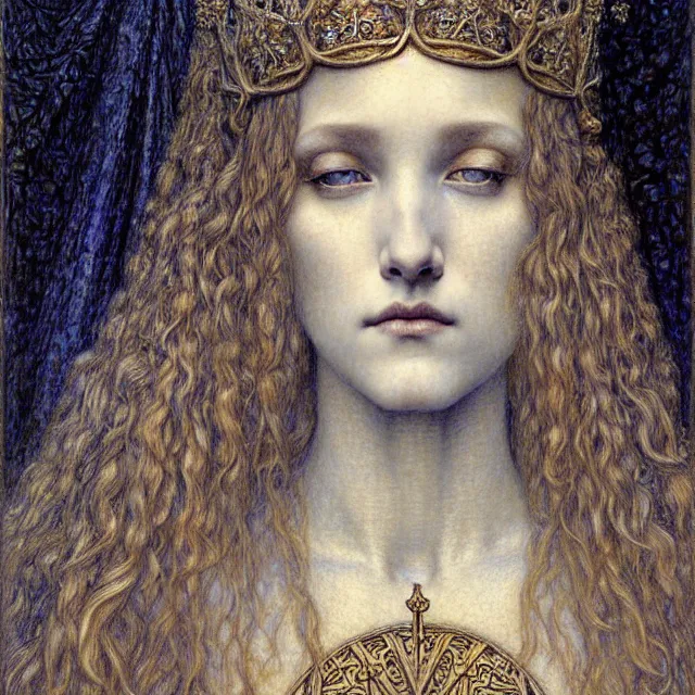 Image similar to detailed realistic beautiful young medieval queen face portrait by jean delville, gustave dore and marco mazzoni, art nouveau, symbolist, visionary, gothic, pre - raphaelite. horizontal symmetry