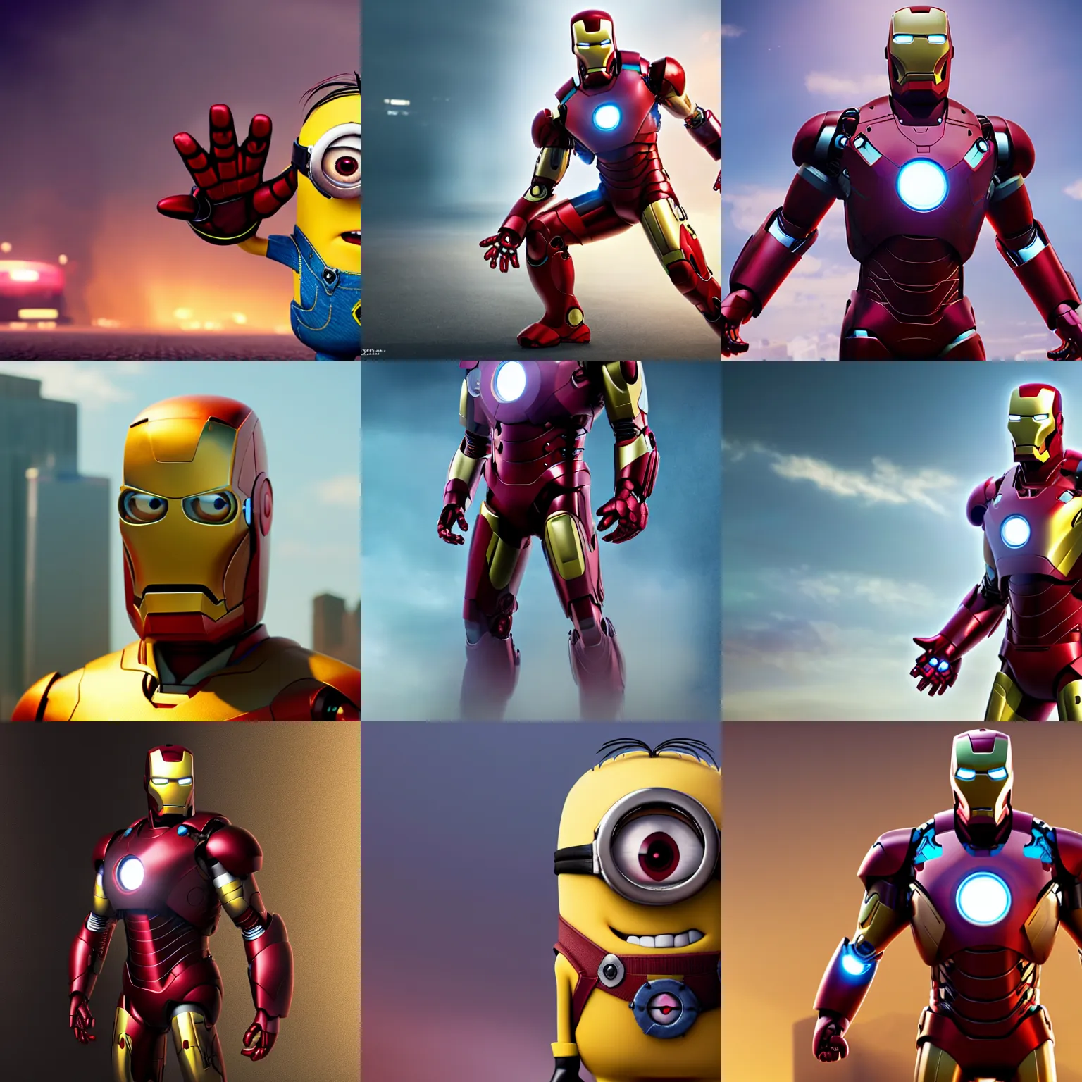 Image similar to minion iron man, full body, uhd, hyperrealistic render, pixar, 4 k, cyberpunk, cgsociety