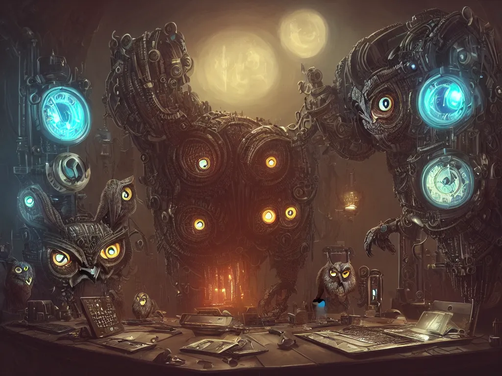 Image similar to an giant evil, malevolent, cyborg owls looking at a computer, surrounded by computer screens. steampunk, intricate, elegant, fantasy, highly detailed, digital painting, concept art, sharp focus, illustration, beautiful lighting, epic light, artstation, colorful, dramatic