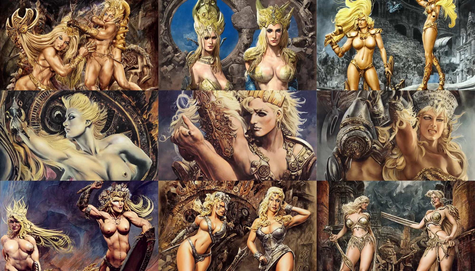 Image similar to A mixed media painting of a beautiful blonde goddess of mayhem, in a coliseum, very aesthetic, curvy, detailed face and eyes, spartan, by Frank Frazetta, Boris Vallejo, Greg Rutkowski, Christian MacNevin, epic fantasy character art, roman numerals, high fantasy, CGsociety, full length, exquisite detail, post-processing, masterpiece, cinematic, coliseum backdrop