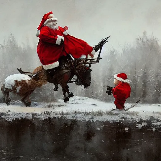 Prompt: the santa wars, painting by jakub rozalski,