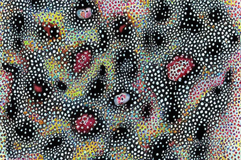 Image similar to teeth, smile, faceless people, black figures, dark, acrylic, clay, dots abstract, dripping, stipple, pointillism, technical, abstract, minimal, style of francis bacon, asymmetry, pulled apart, stretch, cloak, eerie, made of dots, abstraction chemicals, blotter, mask, colored dots, splotch, old painting style