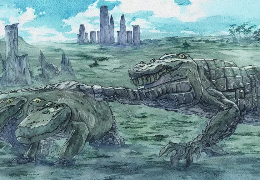 Prompt: a hyperrealist watercolor concept art from a studio ghibli film showing a giant grey mechanized crocodile from howl's moving castle ( 2 0 0 4 ). stonehenge is under construction in the background, in the rainforest on a misty and starry night. by studio ghibli. very dull muted colors