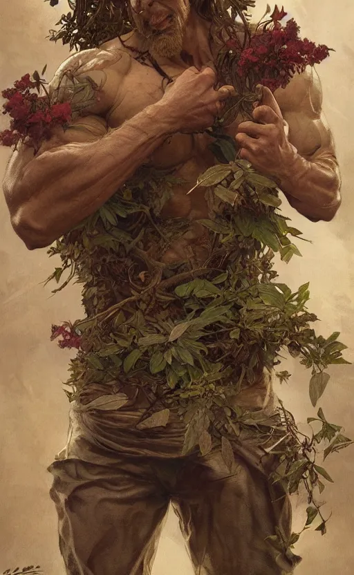 Image similar to god of the forest, 3 0 years old, rugged, handsome, male, detailed face, clean lines, atmospheric lighting, amazing, full body, thighs, flowers, muscular, intricate, highly detailed, digital painting, deviantart, concept art, sharp focus, illustration, art by greg rutkowski and alphonse mucha