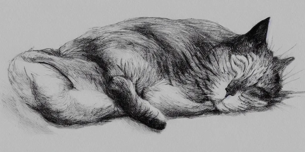 Prompt: ink lineart drawing of a sleeping cat, white background, etchings by goya, chinese brush pen illustration, high contrast, deep black tones, contour