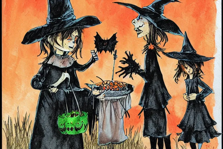 Image similar to a witch handing out candy, trick or treaters halloween night, colored pencil ink wash by scott wills and ashley wood