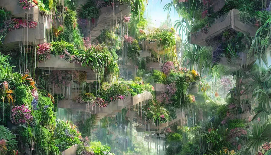 Image similar to hanging gardens of babylon, flowers, palms, artstation