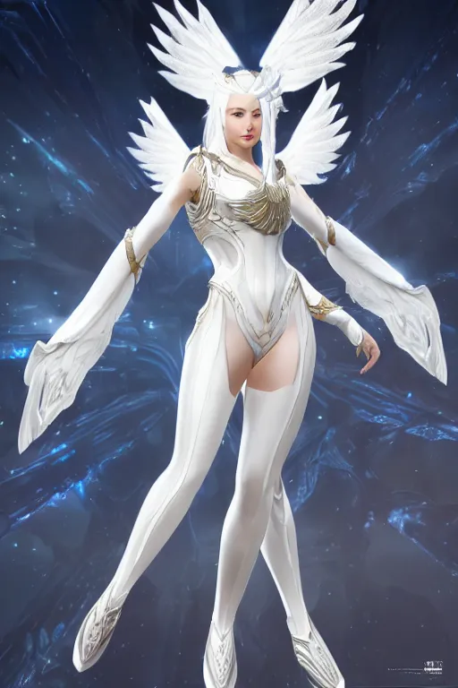 Image similar to perfect white haired egyptian goddess wearing white dove wings, warframe armor, regal, attractive, ornate, sultry, beautiful, ice queen, half asian, pretty face, blue eyes, detailed, scifi platform, 4 k, ultra realistic, epic lighting, android body, illuminated, cinematic, masterpiece, art by akihito tsukushi, voidstar