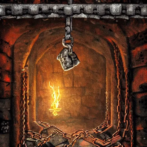 Image similar to art of a dark and desolate stone dungeon with red tattered tapestry, chains dangling from the ceiling, lit by medieval wall torches, grim and gritty, style of dark souls, high contrast, moody