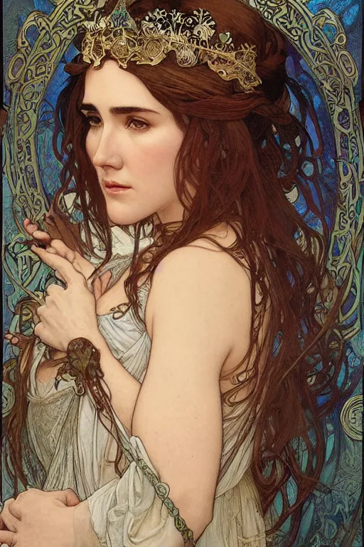 Prompt: realistic detailed face portrait of Jennifer Connelly as a beautiful Medieval Princess by Alphonse Mucha, Ayami Kojima, Amano, Charlie Bowater, Karol Bak, Greg Hildebrandt, Jean Delville, and Mark Brooks, Art Nouveau, Neo-Gothic, gothic, rich deep moody colors