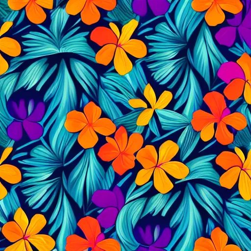 Image similar to Vector illustration of tropical flowers with multiple cohesive colors ranging from warms blues to bright oranges on a dark background, 4K resolution, digital art