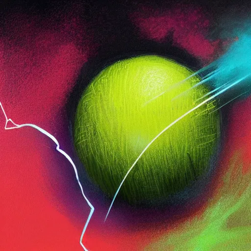 Image similar to a tennis ball monster ,tennis ball, lightning, chalk, digital art, fantasy, magic, trending on artstation, ultra detailed, professional illustration by Basil Gogos