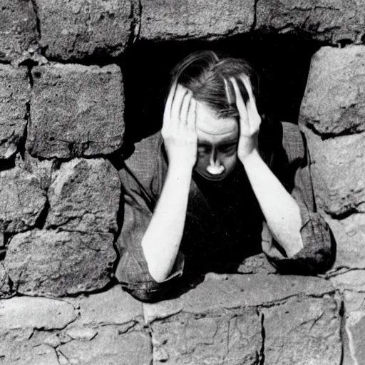 Prompt: Photograph of an utterly terrified young man on the verge of panic tears in 1930s attire with long hair cornered against a stone wall. He looks utterly panicked and distressed.