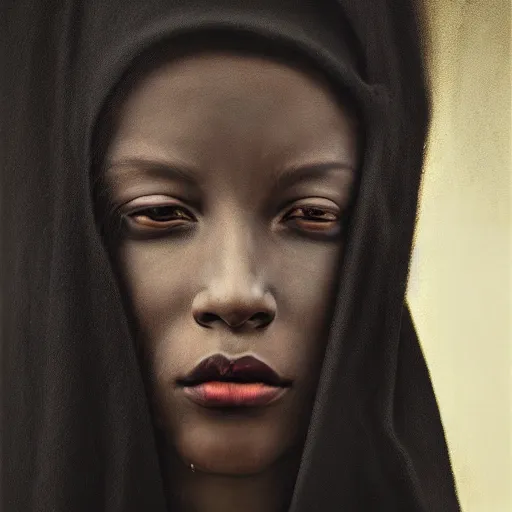 Image similar to a portrait of a young black woman wearing a long dark cloak, hood and shadows covering face, anatomically correct, beautiful perfect face, enigmatic, oil painting, matte painting, black background, Volumetric dynamic lighting, Highly Detailed, Cinematic Lighting, Unreal Engine, 8k, HD, by Beksinski