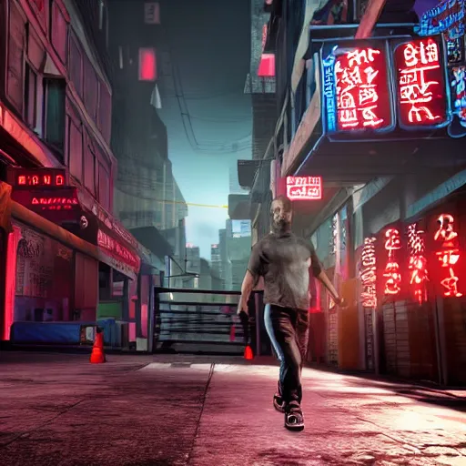 Image similar to sleeping dogs video game gameplay one point perspective. hyperrealistic, 4k, photorealistic, hyper-detaled, global illumination, post processed, hdr, 8k, very very sharp, sharpened, high detail, cinematic, cinematic lightning, cinematic shadows, octane render, high quality textures