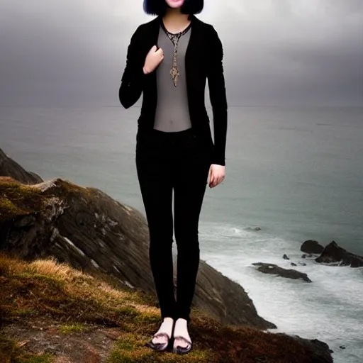 Image similar to 1 7 - year - old pale - skinned persian girl with black long bob cut, long bangs, black gothic jacket, black jeans, psychic girl, standing on cliff along the irish coast, overcast gray skies, ultra - realistic, sharp details, cold lighting, blue and gray colors, intricate details, art by william - adolphe bouguereau