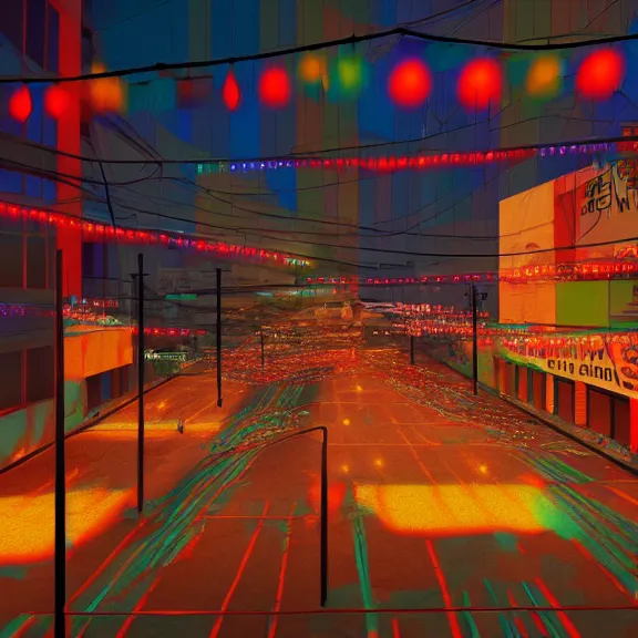 Image similar to Downtown Mexico, string lights, colorful lighting, night, realism, intricate abstract, ((gta 5 screenshot house)), by Tooth Wu, by Lienzo Óleo Paisaje, by Greg Rutkowski