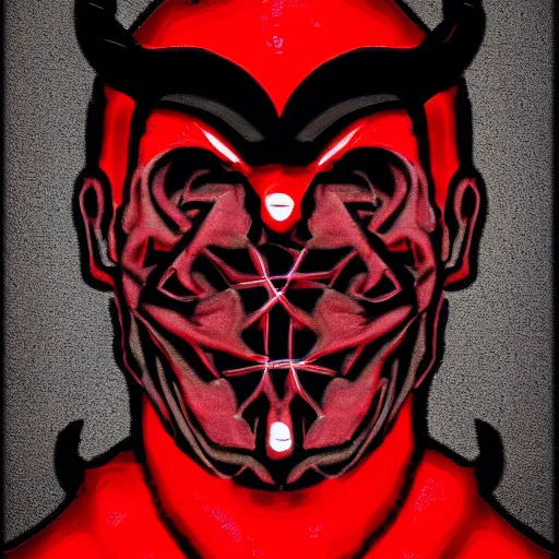 Image similar to Devil in pastor outfit facing camera head down, symmetrical, spooky, black and red, digital art