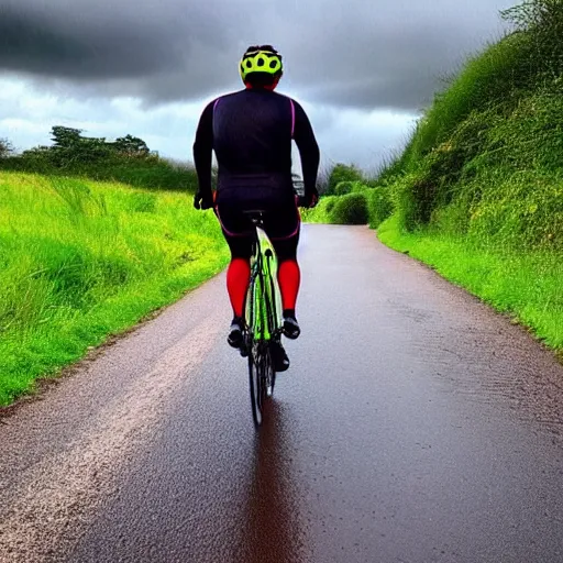 Image similar to “a middle aged man in Lycra cycling gear wearing a day-glo cycling helmet walking along a country road in the rain with a bent bicycle wheel in his hand, hyper realistic, 4K”