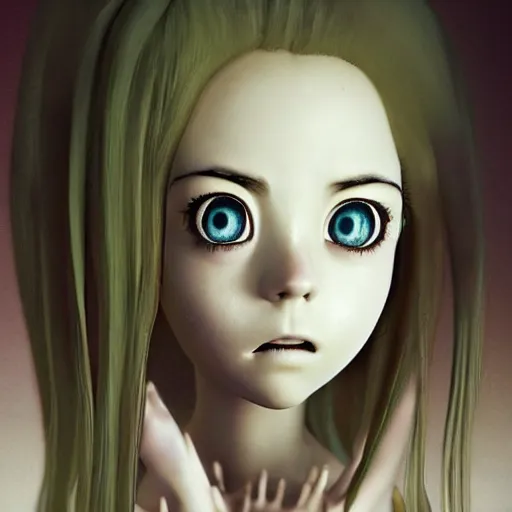 Image similar to Manga cover portrait of an extremely cute and adorable beautiful, creepy!! Aubrey Plaza as a sleep paralysis demon horror girl, dim lighting, long disheveled hair hanging over her eyes, eerie atmosphere, 3d render diorama by Hayao Miyazaki, official Studio Ghibli still, color graflex macro photograph, Pixiv, DAZ Studio 3D