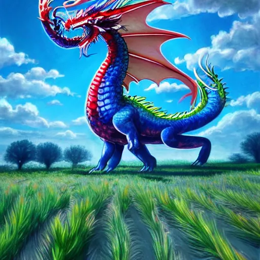 Prompt: rainbow dragon in a field of pionies, blue clear sky, water color, highly detailed, digital painting, artstation, concept art, matte, sharp focus, impressionnisme, art by james jean