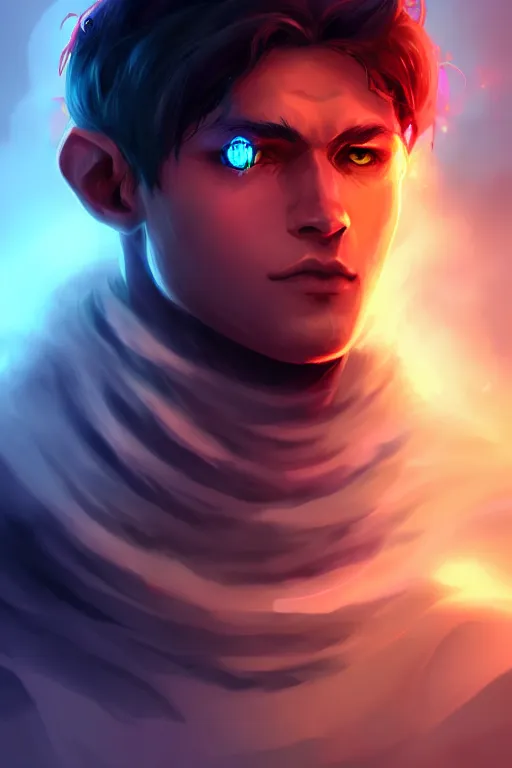 Image similar to a human elemental sorcerer, mountainous setting, colorful magic effects, white skin, portrait, young male, sharp focus, digital art, concept art, trending on artstation, dynamic lighting, by emylie boivin