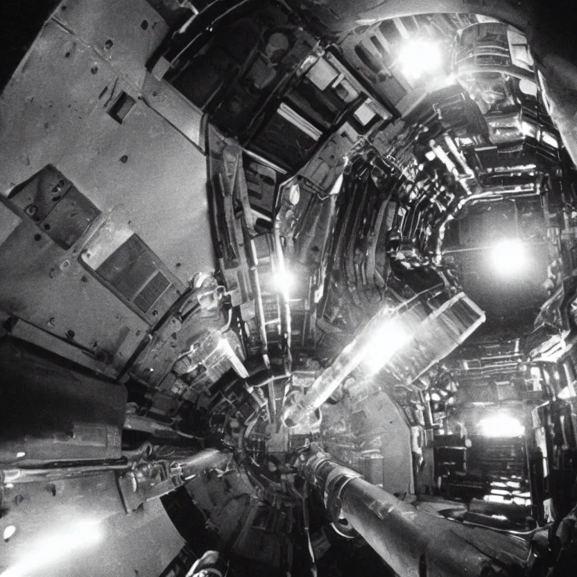 Image similar to film still of a narrow vent shaft tube on a space ship freighter, ridley scott movie, 1 9 8 0 s dark sci - fi, claustrophobic, long tube, machinery,