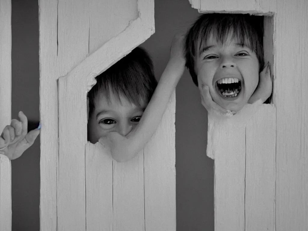 Image similar to little kid trying to see through a vertical crack on a white wooden door and grinning maniacally, a film still from the 1980 movie the shining, 4k, grainy, portrait, highly detailed, close-up, ARRIFLEX 35 BL