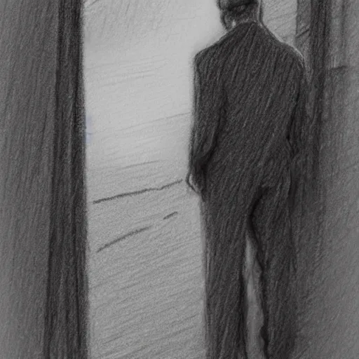 Prompt: the drawn man in jacket looks out into the black endless distance in the rain. pencil sketch