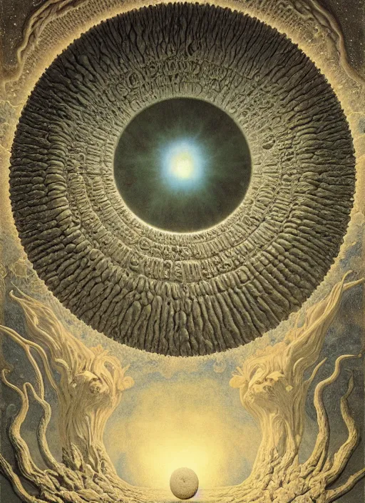 Prompt: antediluvian occult cosmology, panspermia, by daniel arsham and robert hooke and ernst haeckel and agostino arrivabene and joaquin sorolla and martin johnson heade, rule of thirds, vivid colours, negative space, atmospheric, digital painting, artstation, concept art, smooth, sharp focus