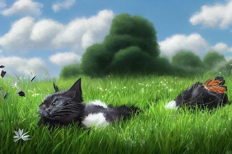 Image similar to a fat black and white male cat and a smaller tri-color tortoiseshell female cat both sleeping peacefully together in a beautiful green meadow, dreamy puffy clouds, painted by Tyler Edlin